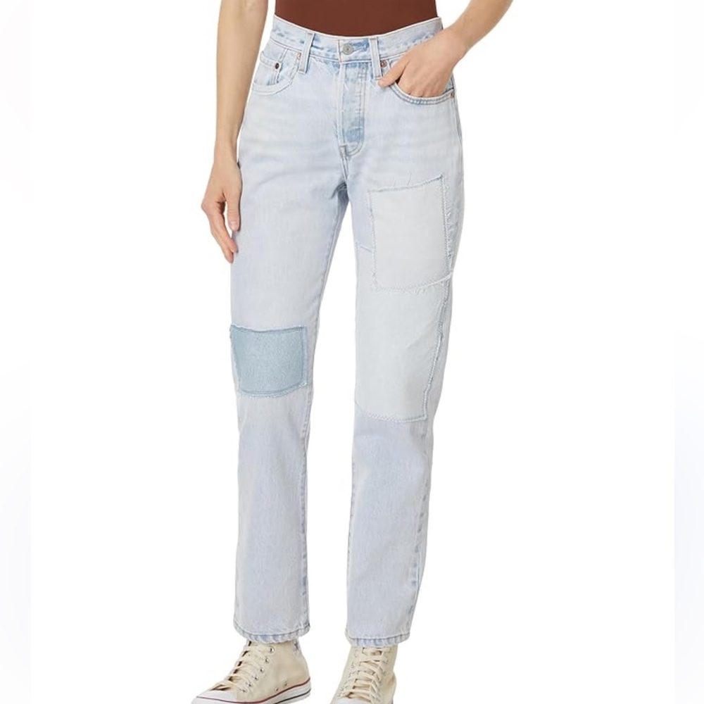 Levi’s Premium Women’s 501 Original Fit Blue Patchwork Straight Leg Jeans